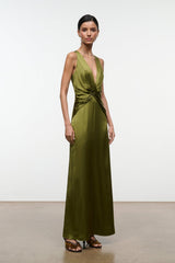 Olive green silk maxi dress, sleeveless deep V-neck, gathered knot waist and side slit