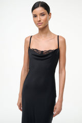 Black silk midi dress close-up with lace-trim bust and spaghetti straps