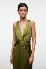 Olive green silk dress sleeveless deep V-neck with draped twisted waist knot