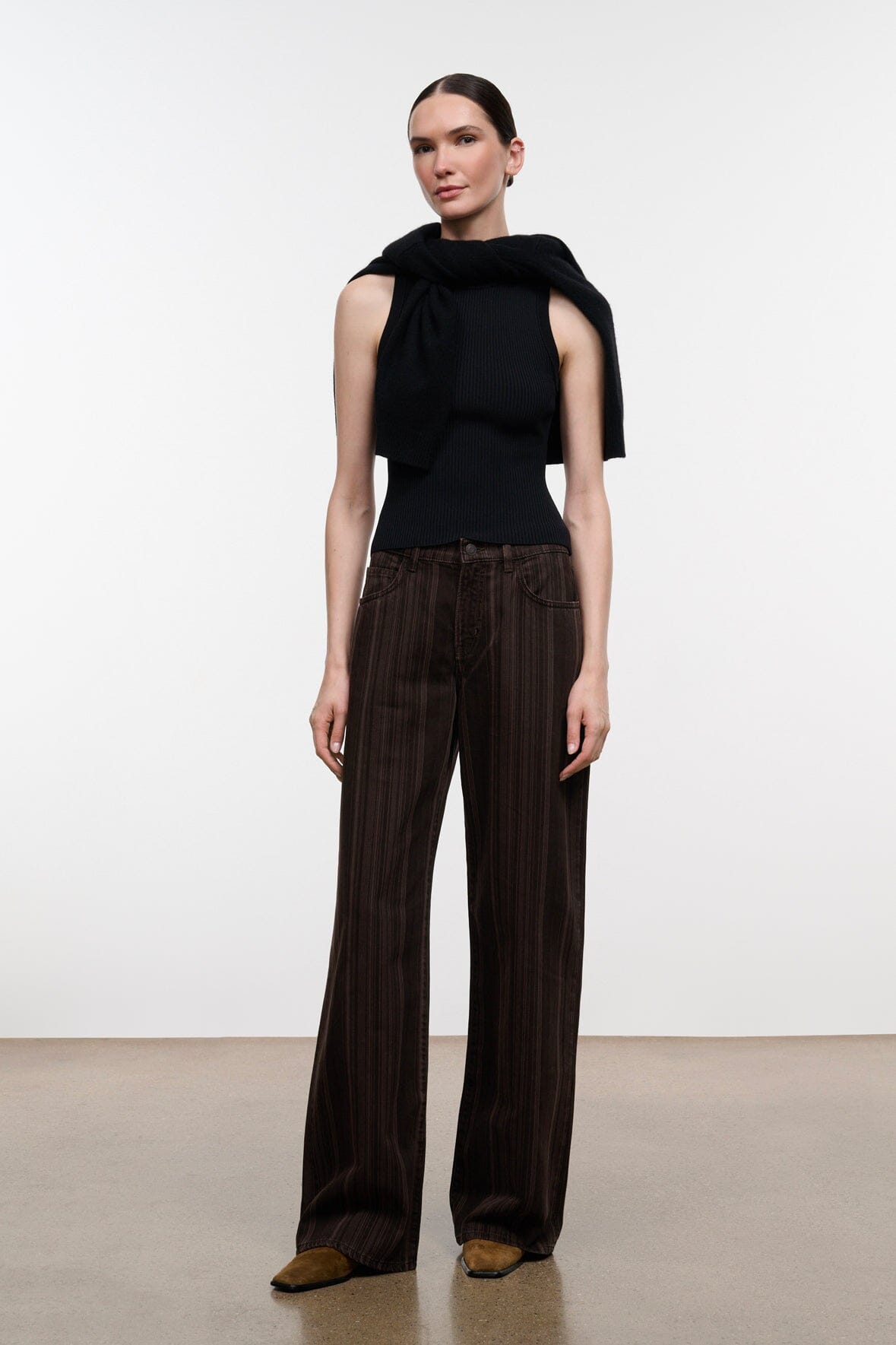 Dark brown espresso-striped relaxed jeans, wide leg with vertical pinstripes
