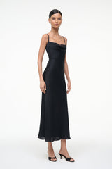 Black silk midi dress front view with lace-trim neckline and bias drape