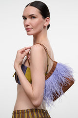WINSLOW woven shoulder bag with lavender fringe and braided brown strap
