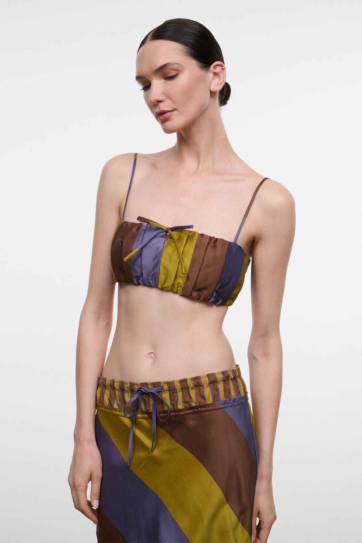 Multicolor striped silk bandeau top with thin straps and front bow detail