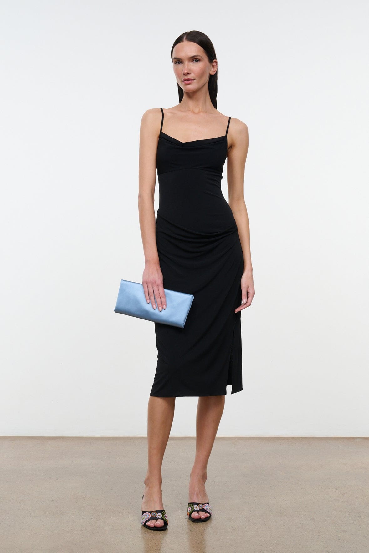 Black ruched midi dress with spaghetti straps and side drape