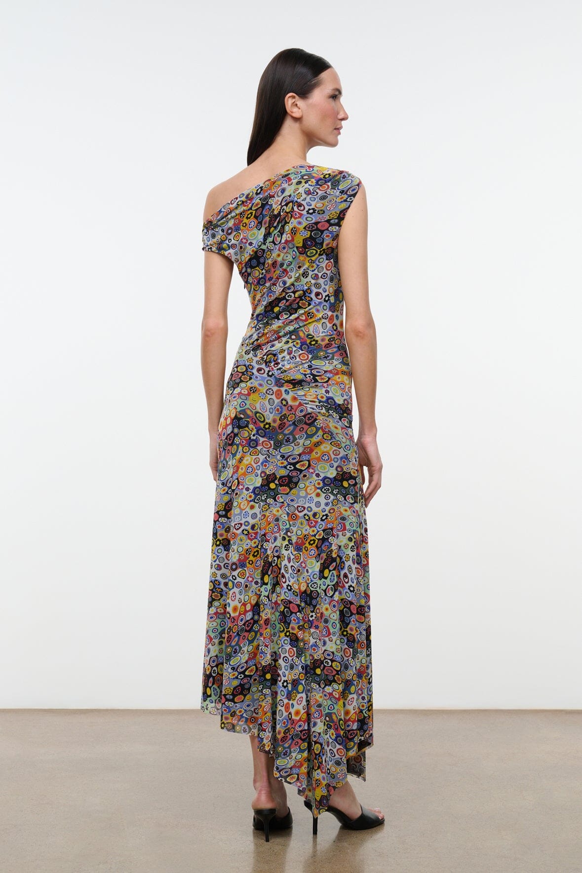 AMARIS dress in multicolor mosaic print, cap sleeves, back view with draped neckline.
