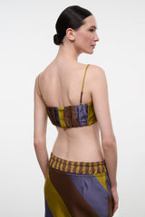 Patchwork silk bandeau top with multicolor vertical stripes and tie back