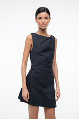 Black sleeveless mini dress with ruched drape at waist and flared mini skirt