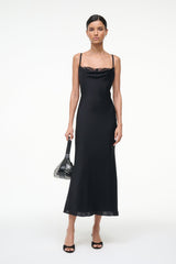 Black silk midi dress with lace-trim neckline and spaghetti straps