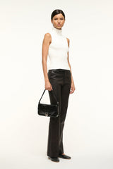 Black small leather crossbody bag with gold emblem and top handle