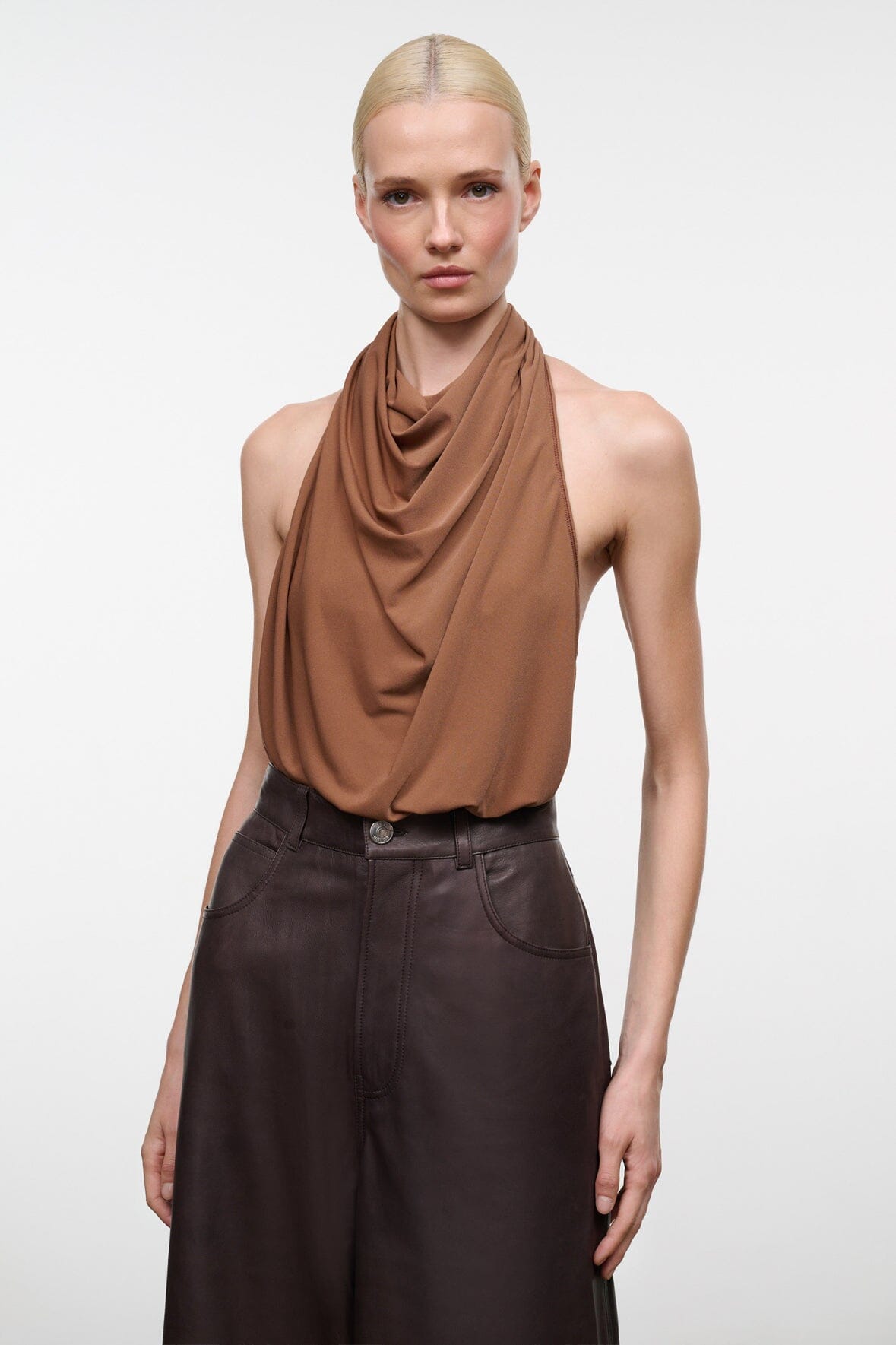 MONAY sleeveless bodysuit with draped halter neckline in cigar brown