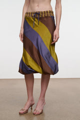 Silk midi skirt with elastic waist and tie, draped diagonal stripes in brown, navy, yellow