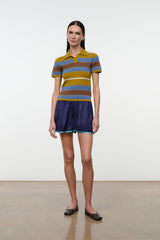 Striped cashmere polo sweater with yellow, blue, and brown bands; short sleeves