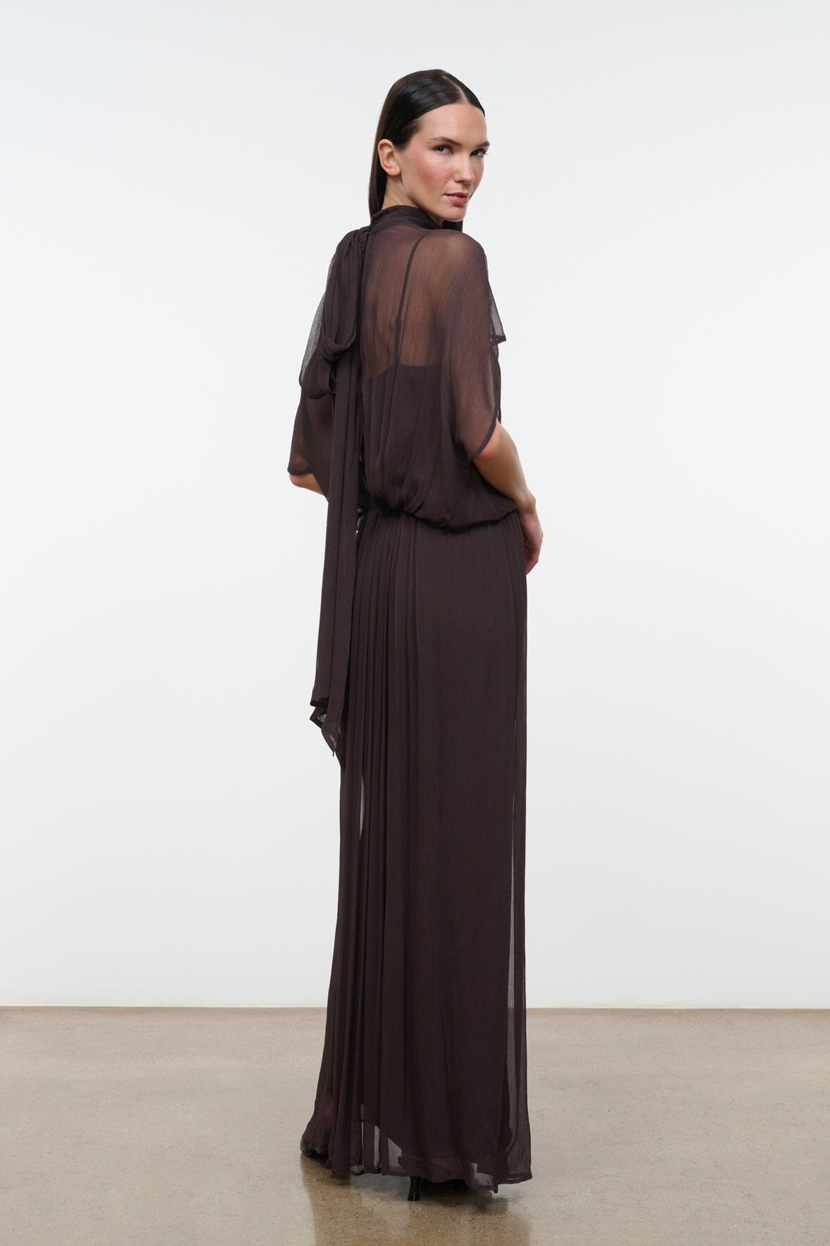Dark brown maxi dress with high neck, draped sleeves, and gathered waistline
