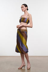 Silk midi skirt with elastic waist and tie, diagonal brown, navy, yellow stripes