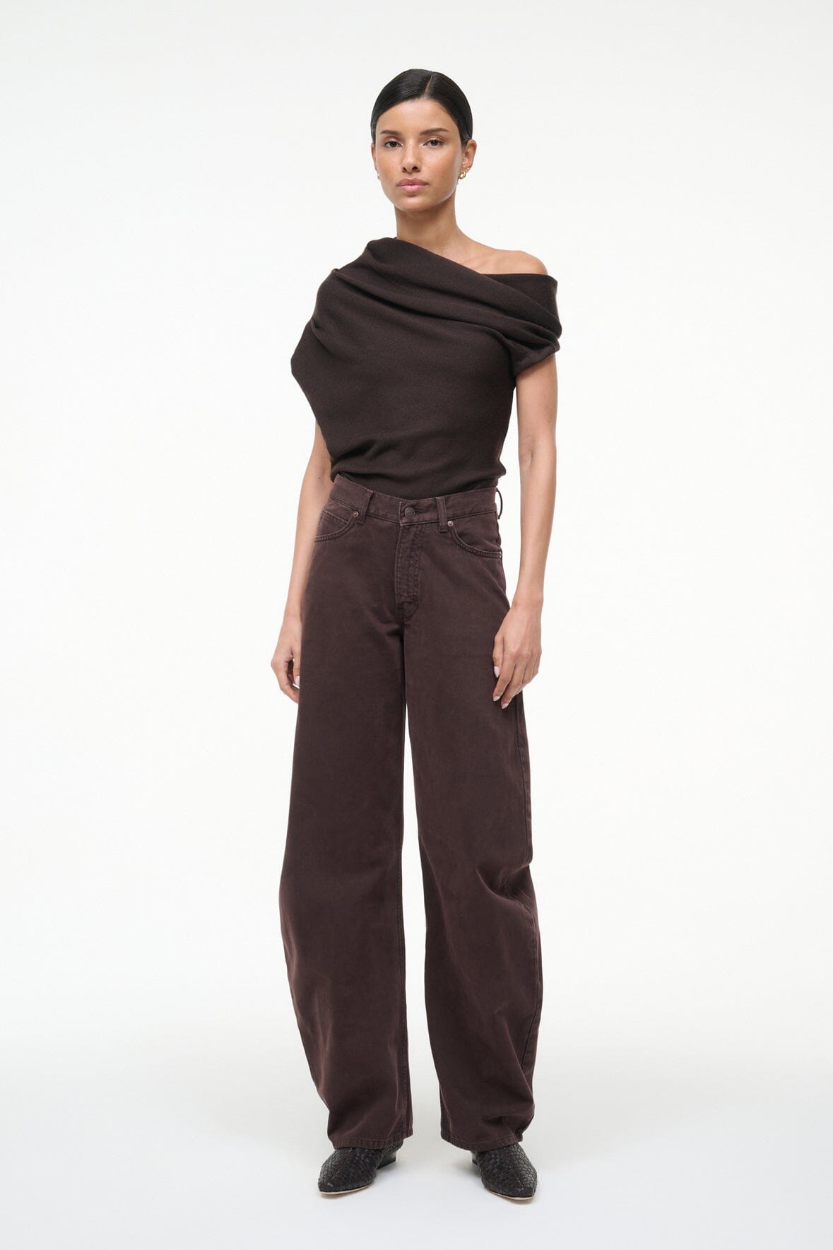 Draped MABEL sweater in dark brown, cowl neckline and short sleeves