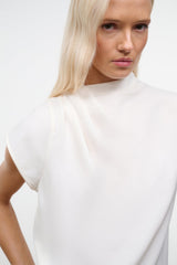 Ivory high-neck top with wide short sleeves, smooth draped fabric