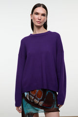 Relaxed cashmere crewneck sweater in deep purple, round neck, long sleeves.