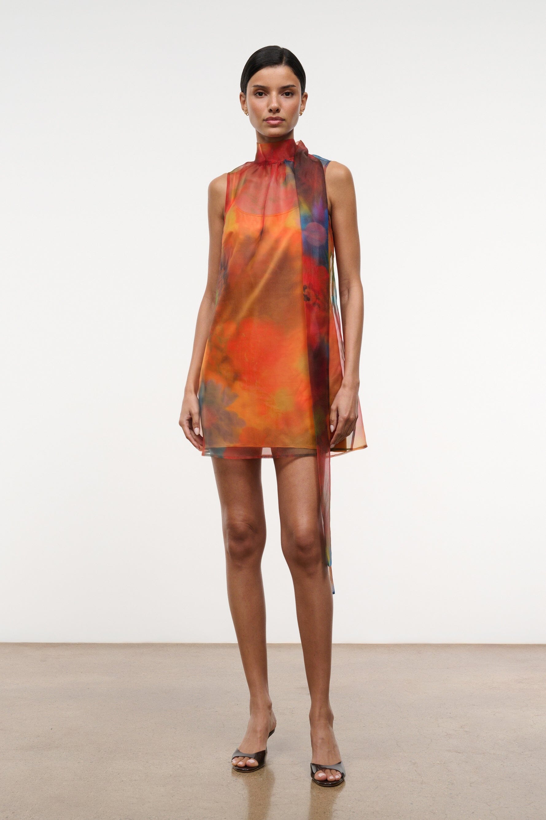 Multi-color sheer mini dress with high neck and sleeveless column silhouette