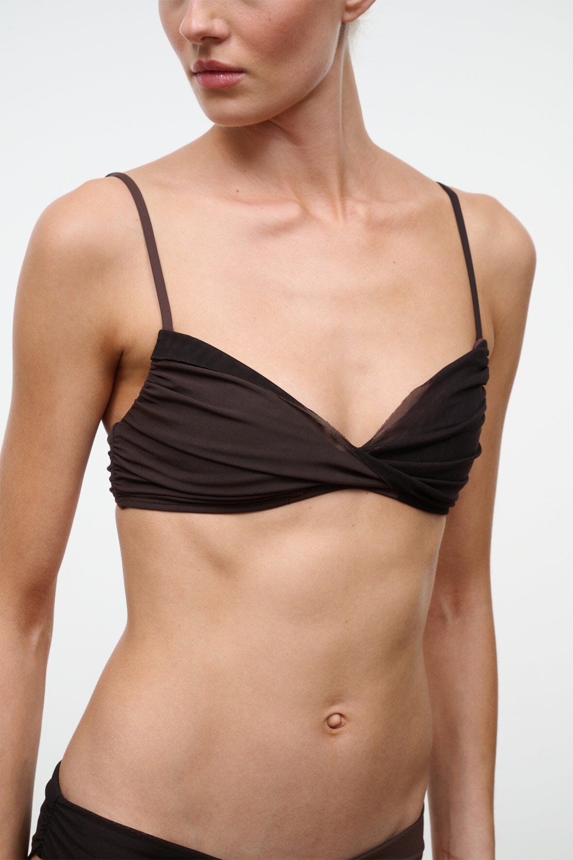 Dark espresso ruched bikini top with twisted V front and thin adjustable straps