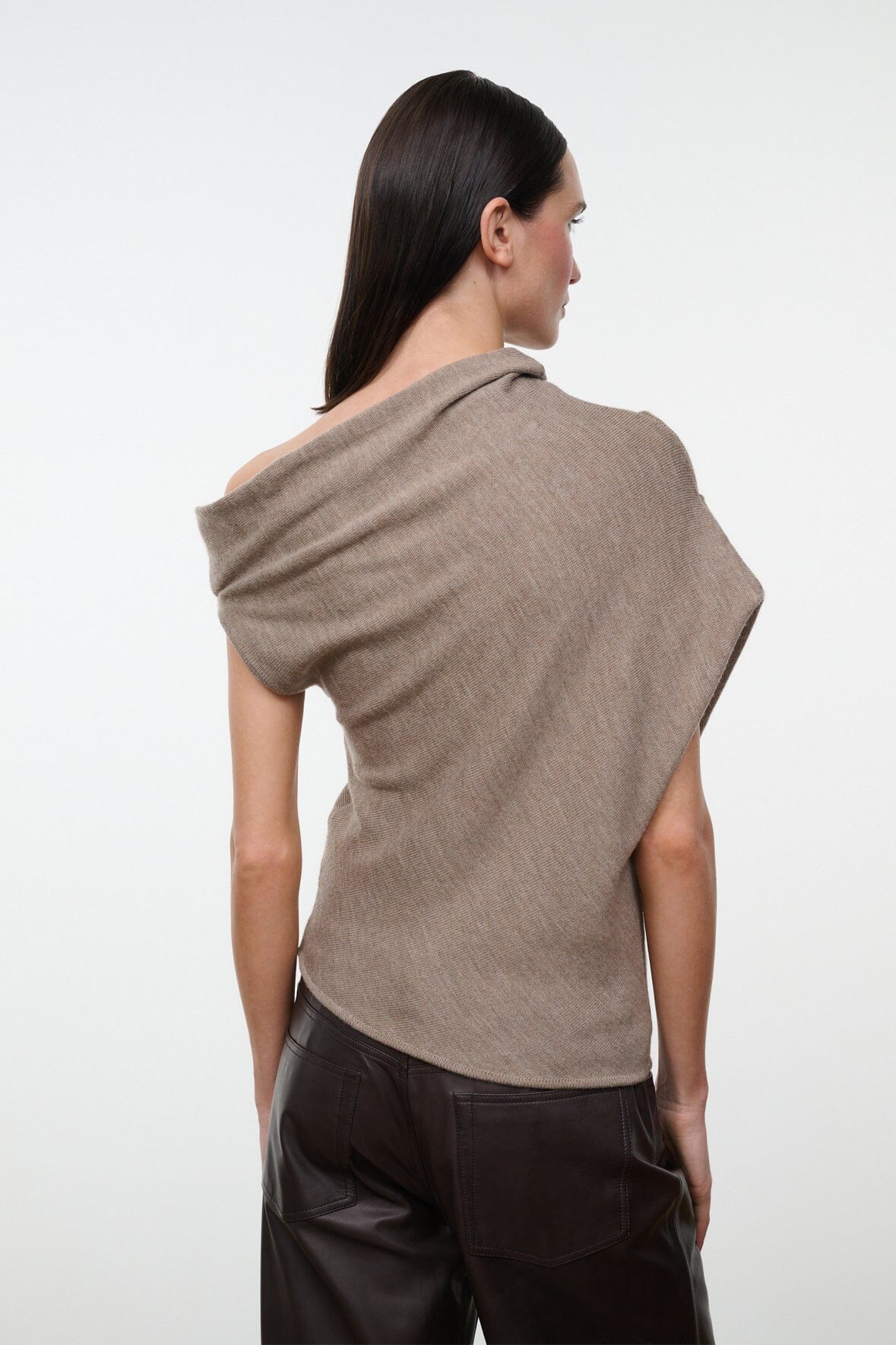 MABEL knit sweater in sesame taupe, draped off-shoulder cowl neck, short cap sleeves
