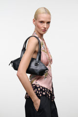 Black mini shoulder bag with top handle, short strap, and metal hardware