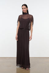 Dark brown sheer maxi dress with high neck, pleated skirt, and draped arm openings