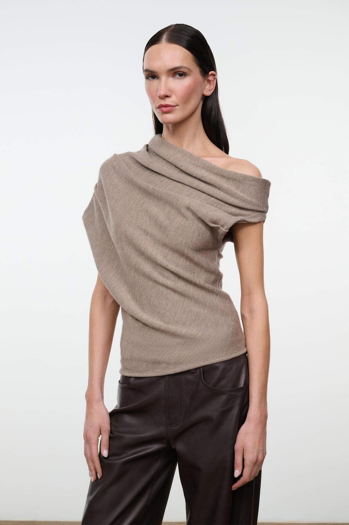 MABEL knit sweater, sesame taupe, draped off-shoulder neckline with cowl detail