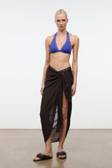 Brown sarong wrap skirt with front drape and small stud embellishment