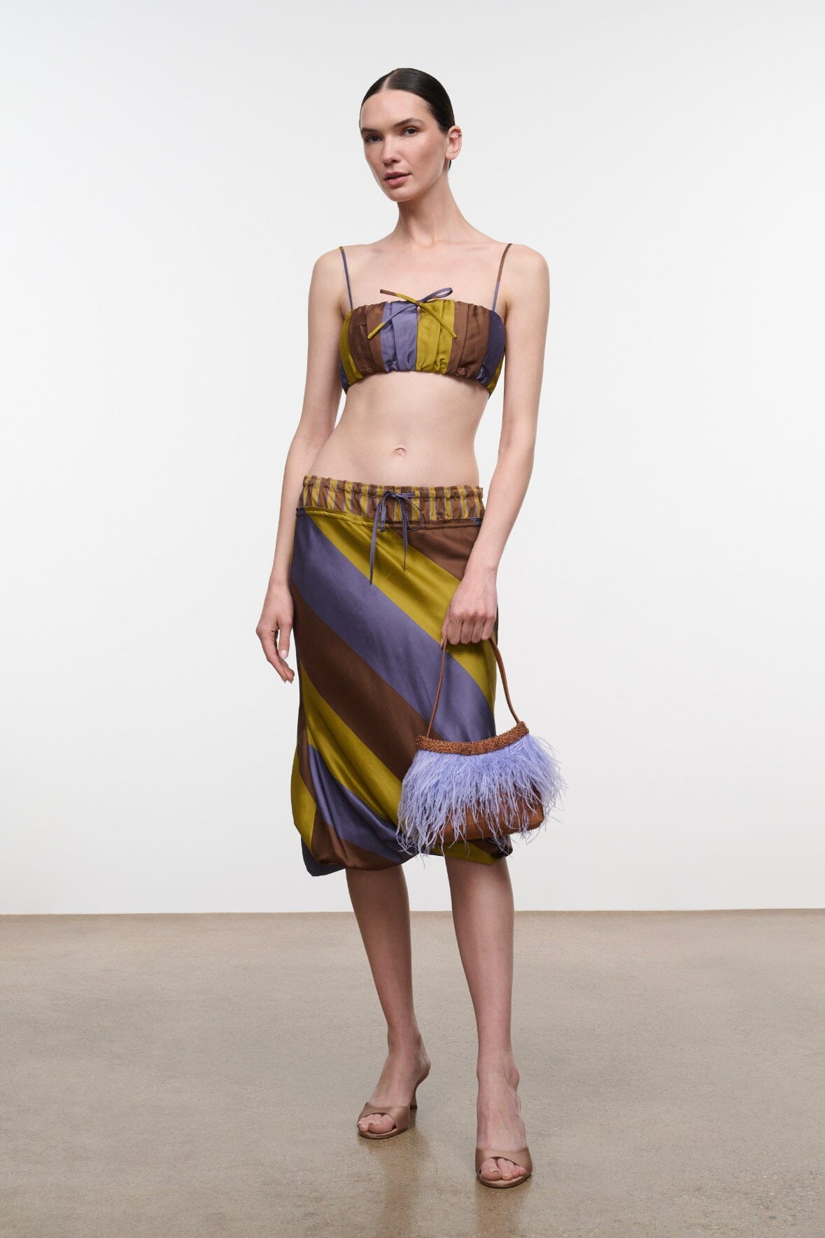 Silk midi skirt with elastic waist and tie, diagonal stripes with tassel fringe hem