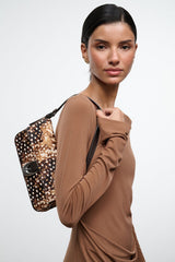 Brown and black speckled haircalf shoulder bag with top handle and flap, side view