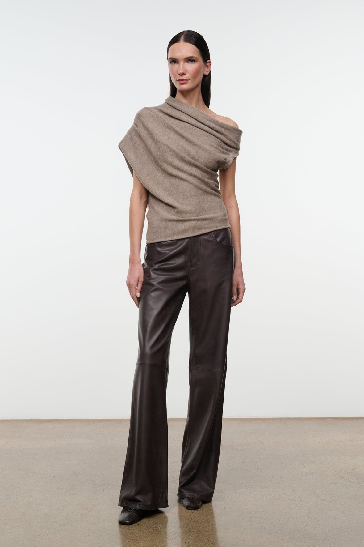 MABEL knit sweater, sesame taupe, draped cowl neck, cap sleeves