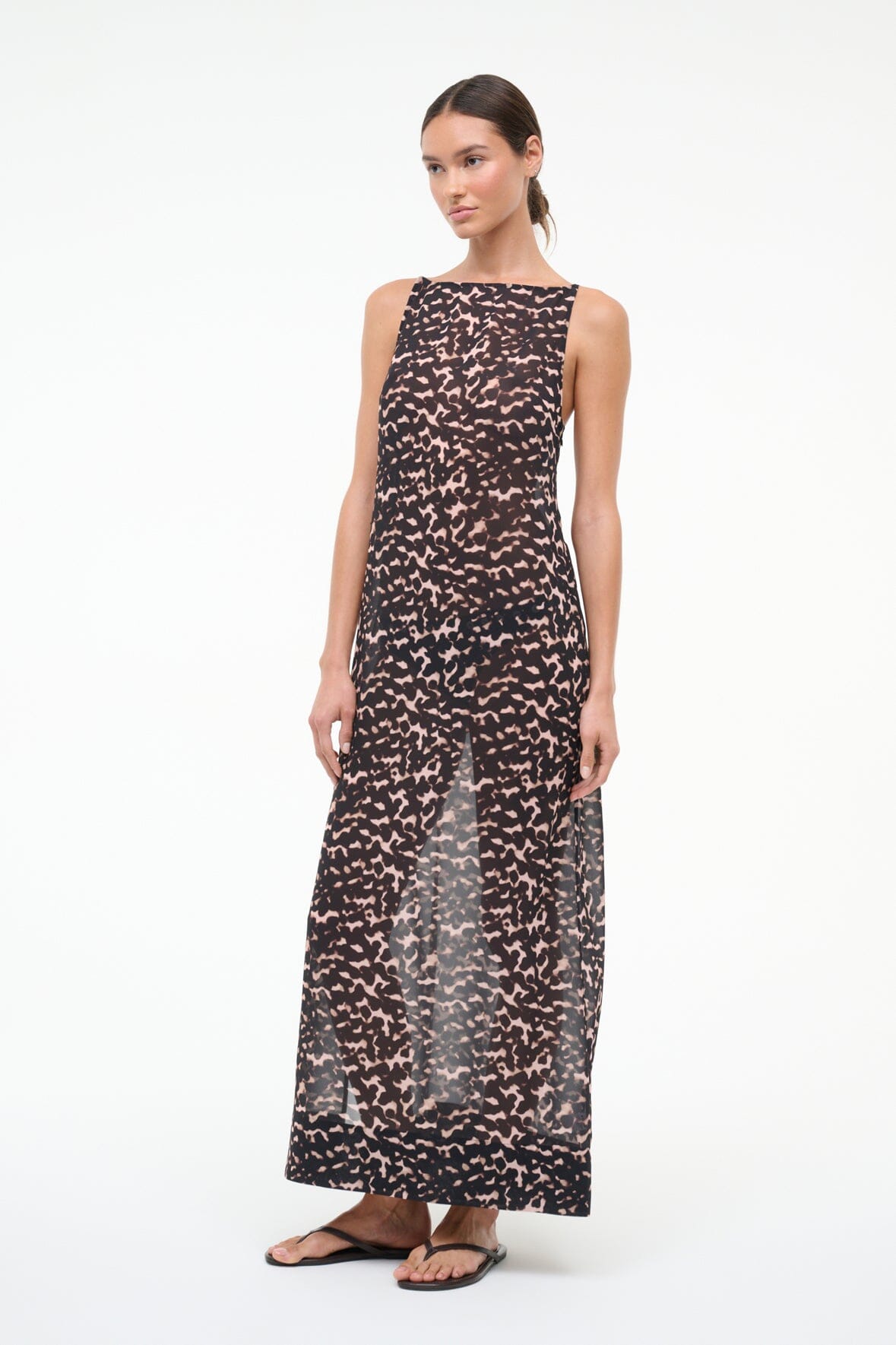 Sleeveless tortoise-print maxi dress with round neckline