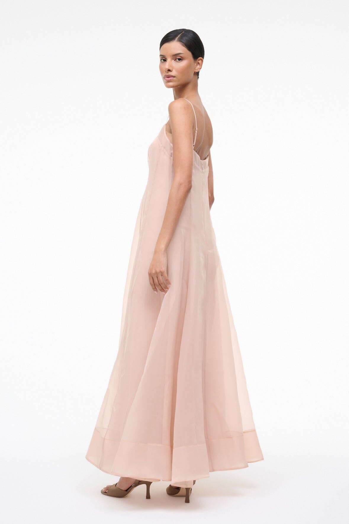 Fawn sleeveless maxi dress with square neckline and tiered sheer skirt