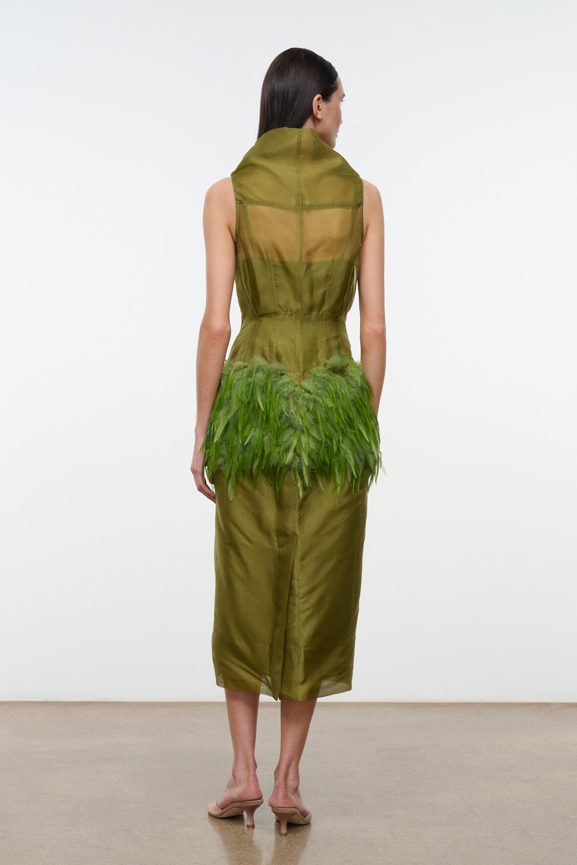 BISOU olive green sleeveless midi dress with cowl neck and green feather fringe hem (back)