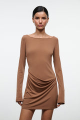 Women's brown draped long-sleeve mini dress with round neckline