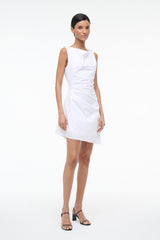 White sleeveless mini dress with ruched waist and straight skirt