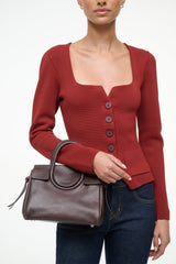 Espresso mini carryall handbag with rounded top handle and front ring detail