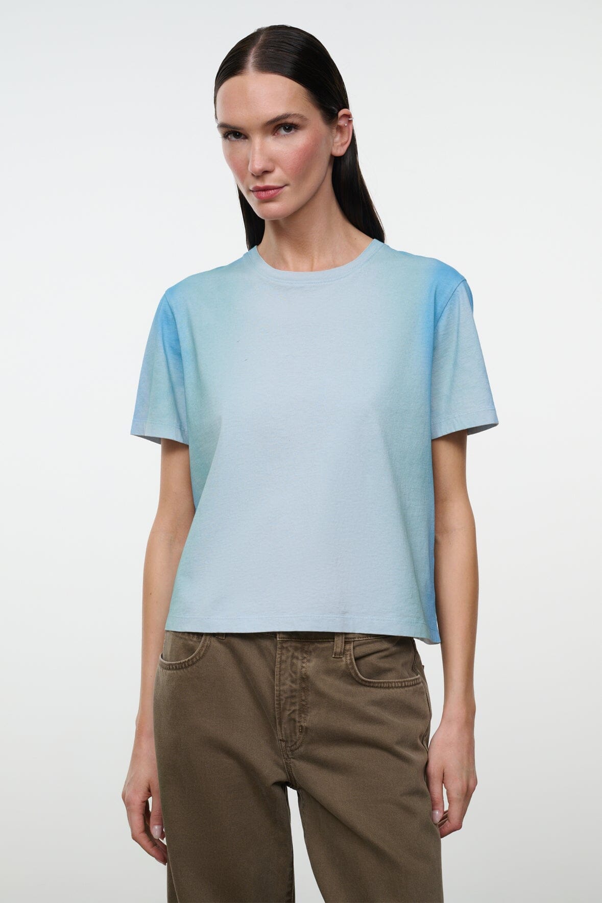 Light blue crewneck short-sleeve tee, front view, relaxed fit