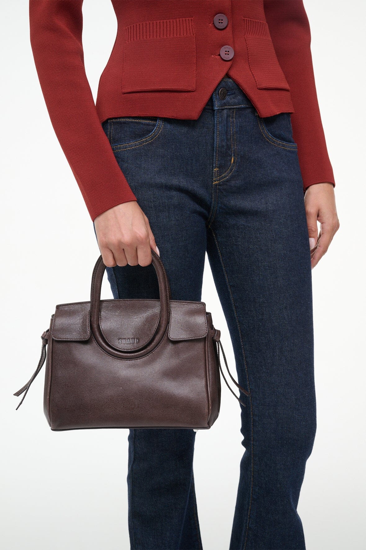 Espresso mini carryall handbag with short handles and side tie details