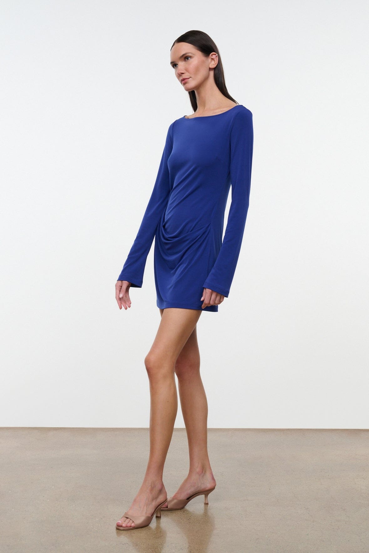 BLAKELY blue long-sleeve mini dress with crew neck, gathered drape at front