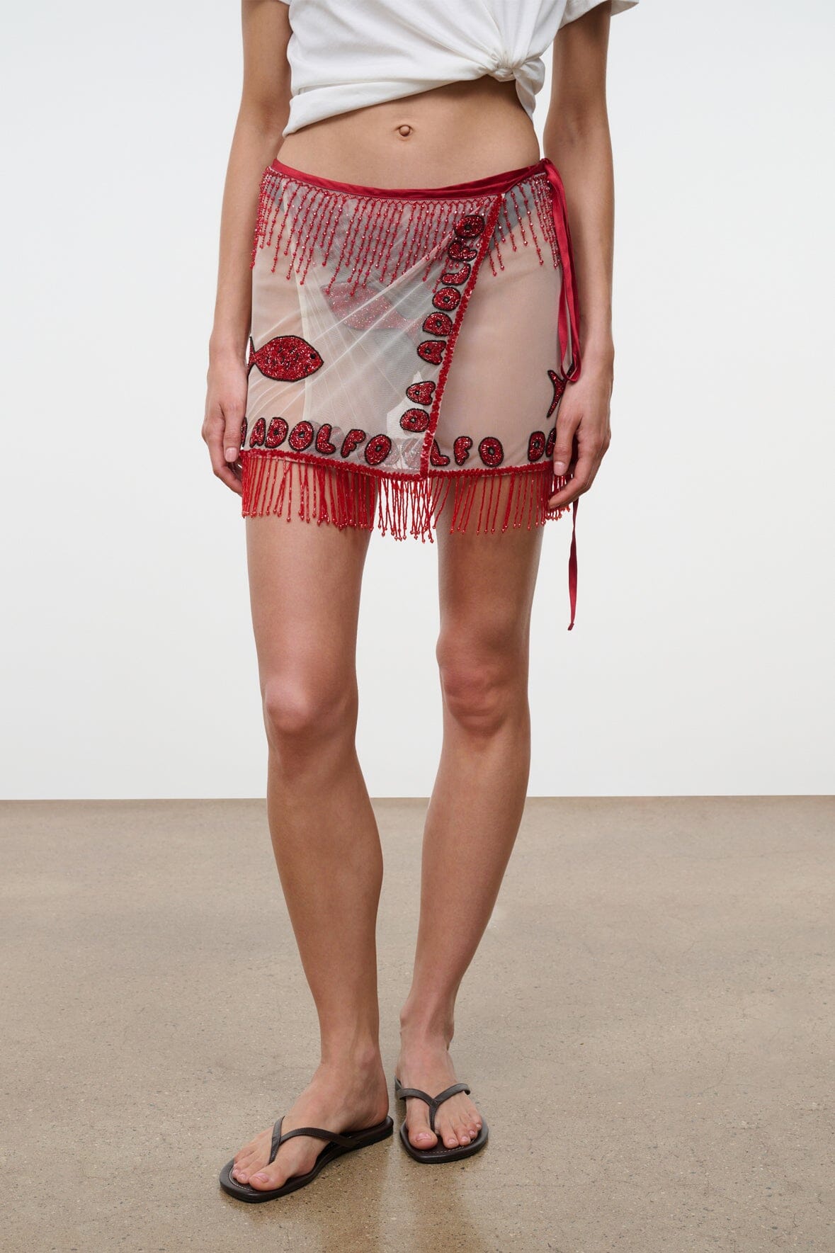 RIVA skirt by DA ADOLFO, red beaded fringe mini skirt with fish and heart motifs