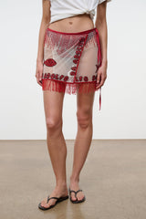 RIVA skirt by DA ADOLFO, red beaded fringe mini skirt with fish and heart motifs