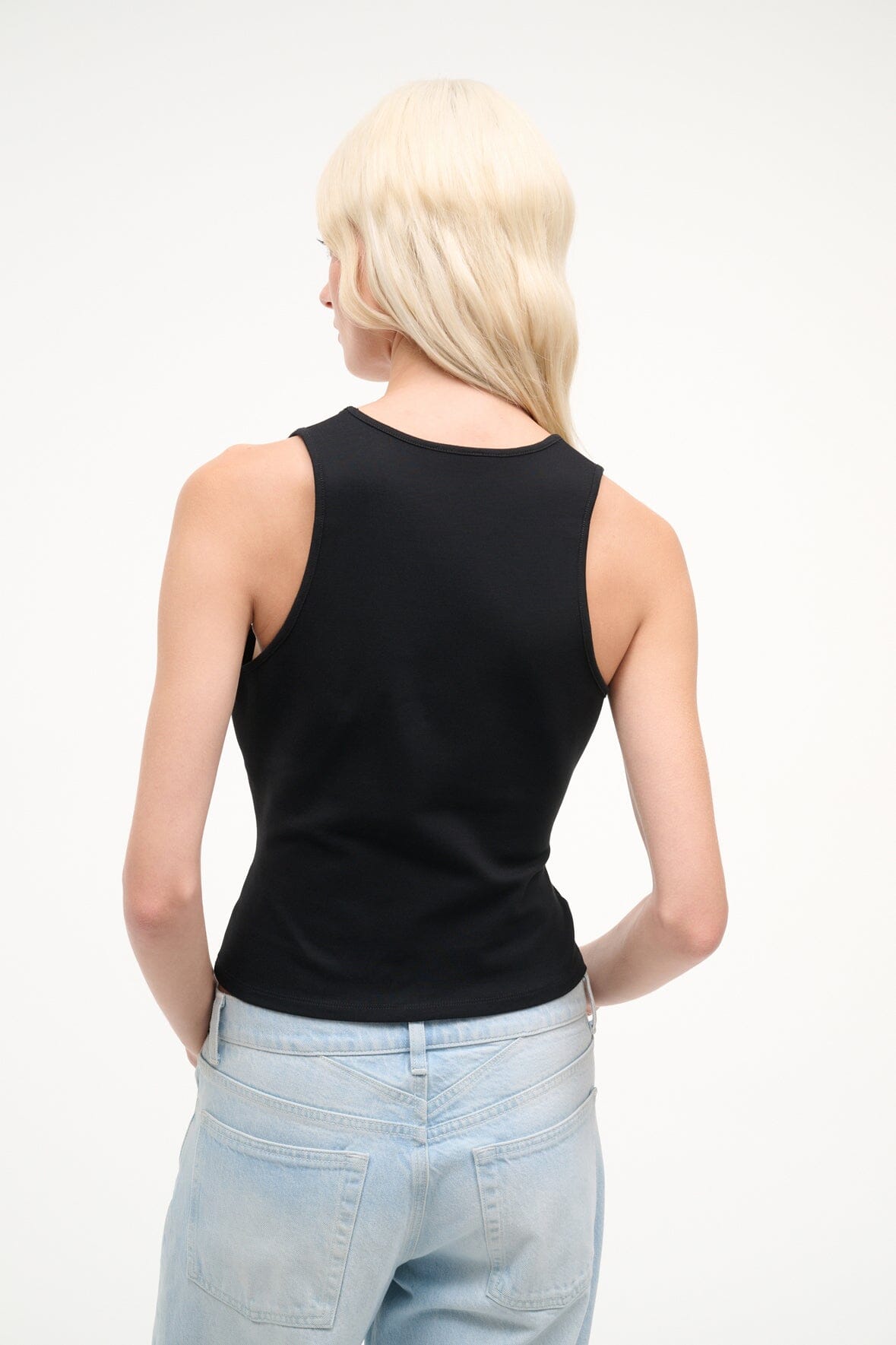 Black sleeveless V-neck tank top, low back and slim fit