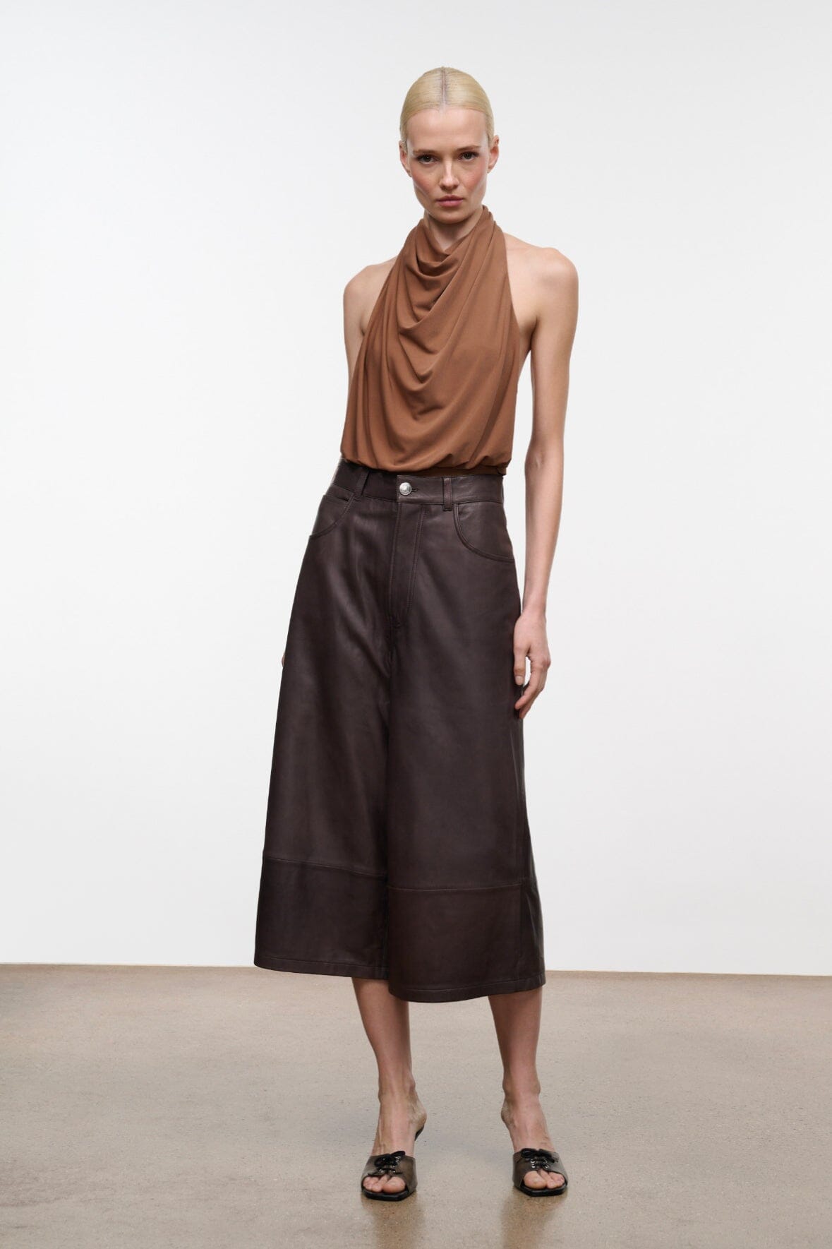 MONAY cigar-brown draped halter bodysuit with gathered front