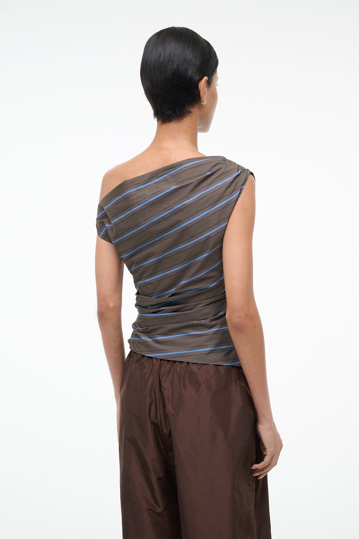 Back view off-shoulder striped draped top, dark with blue horizontal stripes