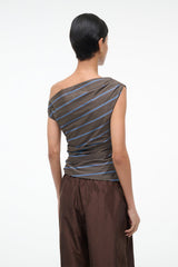 Back view off-shoulder striped draped top, dark with blue horizontal stripes