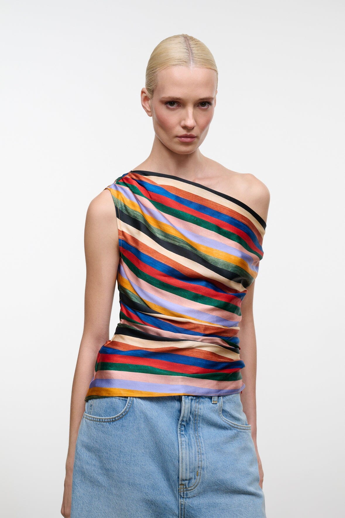PHARE silk top with multicolor diagonal stripes, one-shoulder draped neckline