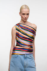 PHARE silk top with multicolor diagonal stripes, one-shoulder draped neckline