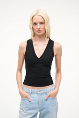 Black sleeveless V-neck tank top with slim fit