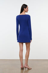 BLAKELY blue long-sleeve mini dress, crew neckline, back view with smooth drape